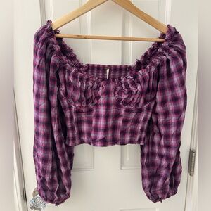 Free People Cherry Bomb Plaid Blouse‎ Long Sleeve Pink Purple Size S